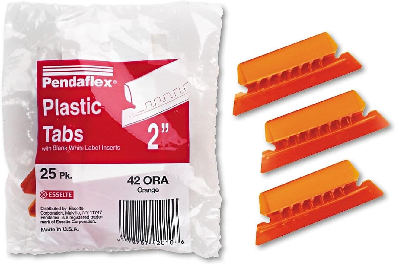 Hanging Folder Tabs, 2″, Clear Orange, 25 Tabs and Inserts per Pack (42 ORA)