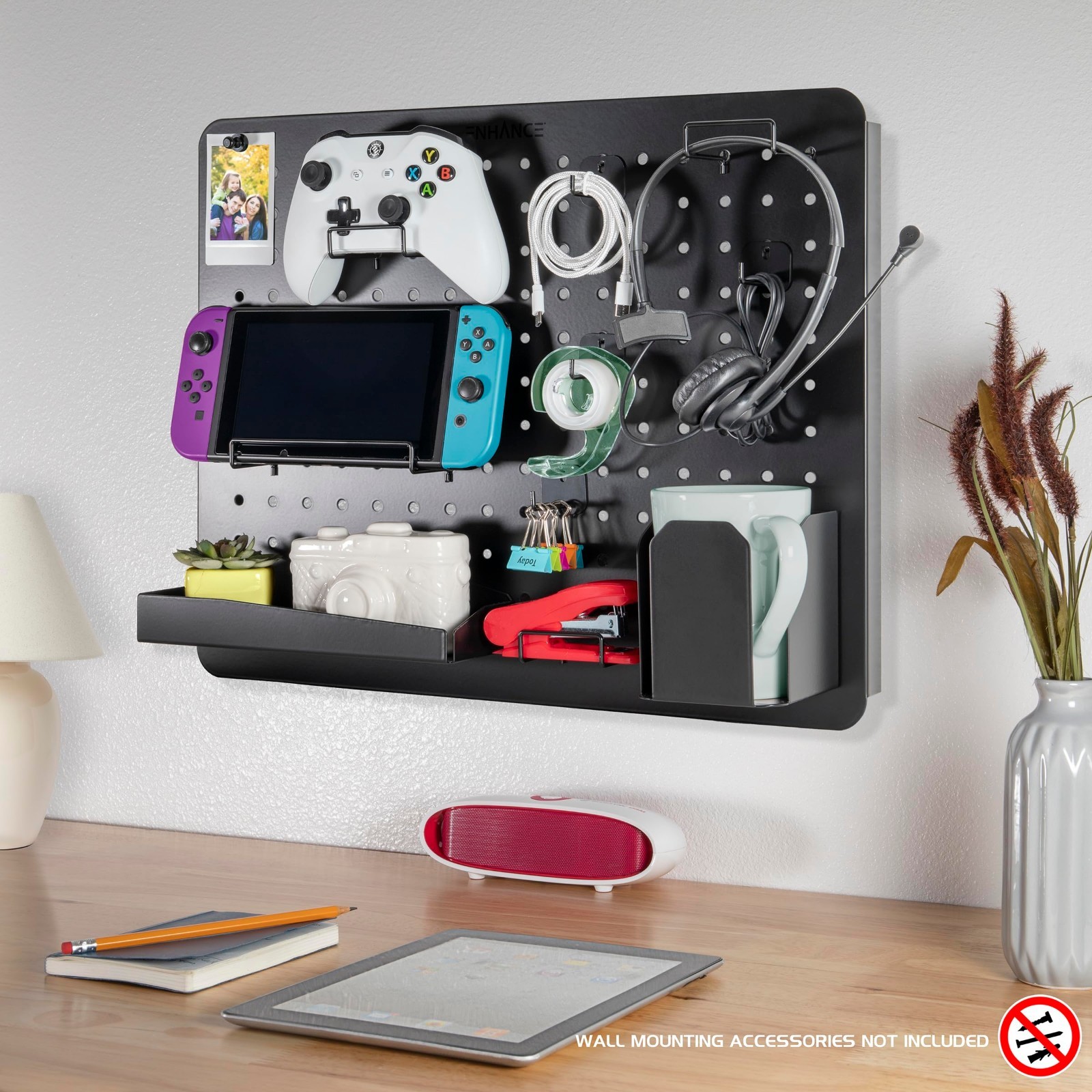 Metal Pegboard Desk Organizer 18×14″ Clamp-On with 14 Attachments, Hooks & Shelf