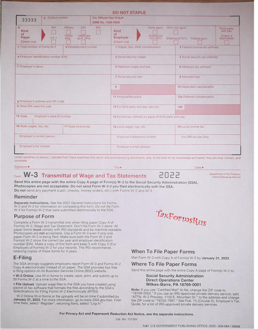 2022 IRS Tax Form W-3 Transmittal of Wage & Tax Statements (for W-2s to SSA)