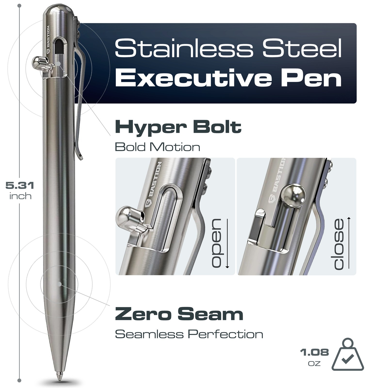 Bastion Bolt Action Pen Executive Stainless Steel Luxury Office Ballpoint Pens