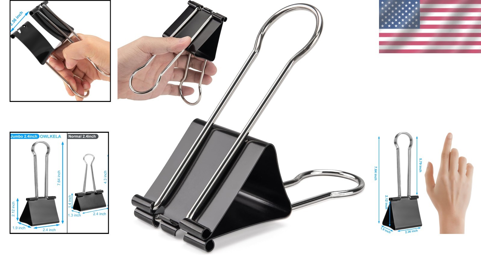 OWLKELA 2.4 Inch Extra Jumbo Binder Clips 2 Pcs, Large Paper Clip, Big Paper Cla