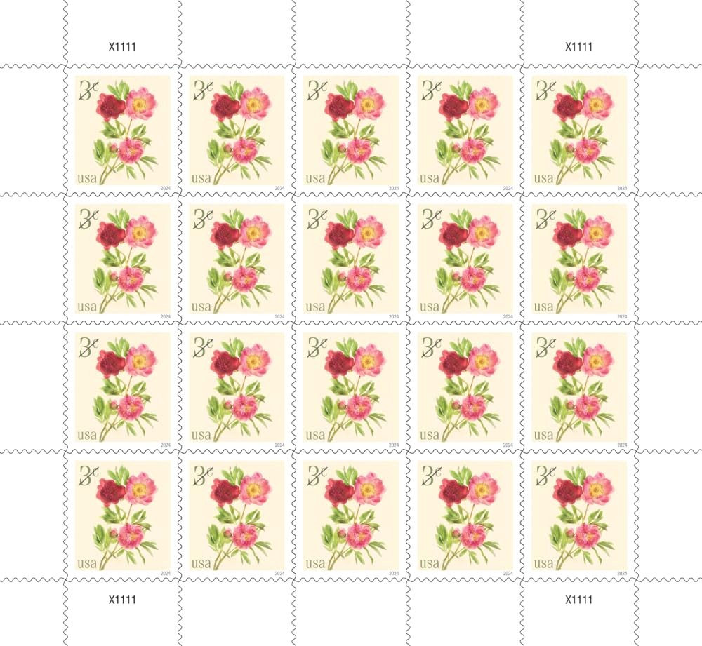 Peonies 2024 3-Cent (Sheet of 20) Denominated Mail-Use Additional 20 Stamps