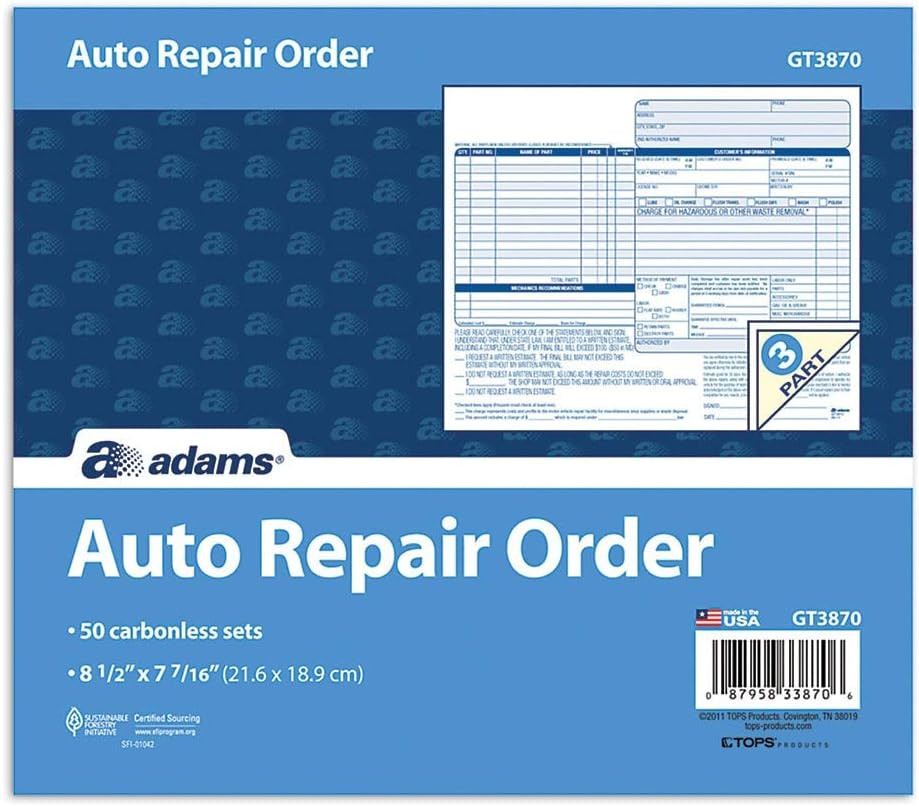 Auto Repair Order Forms, 8.5×7.44″, 3-Part, Carbonless, 50-Pack, White & Canary