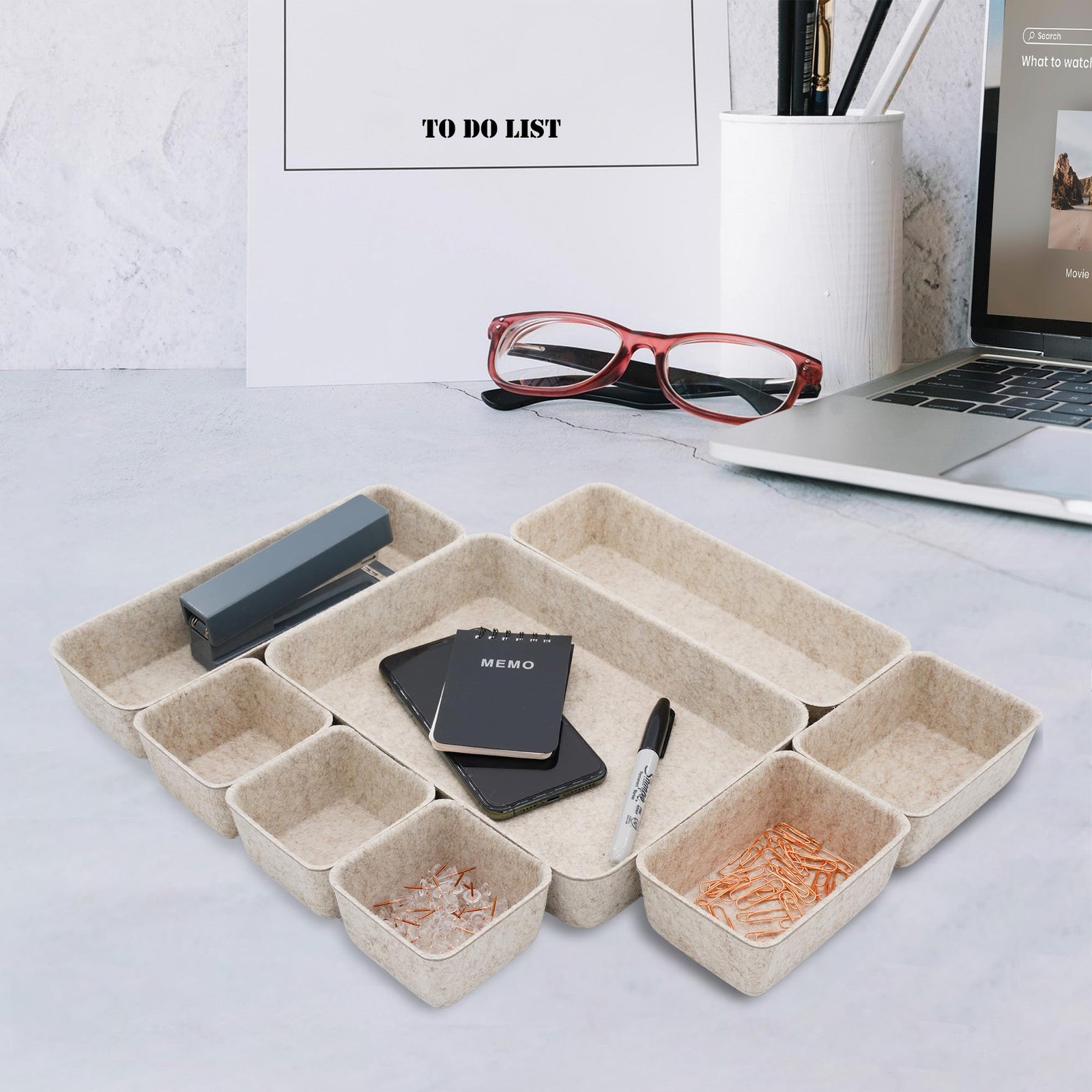 Desk Drawer Organizer Tray, 8-Piece Beige Office Storage, Nordic Minimalist L…
