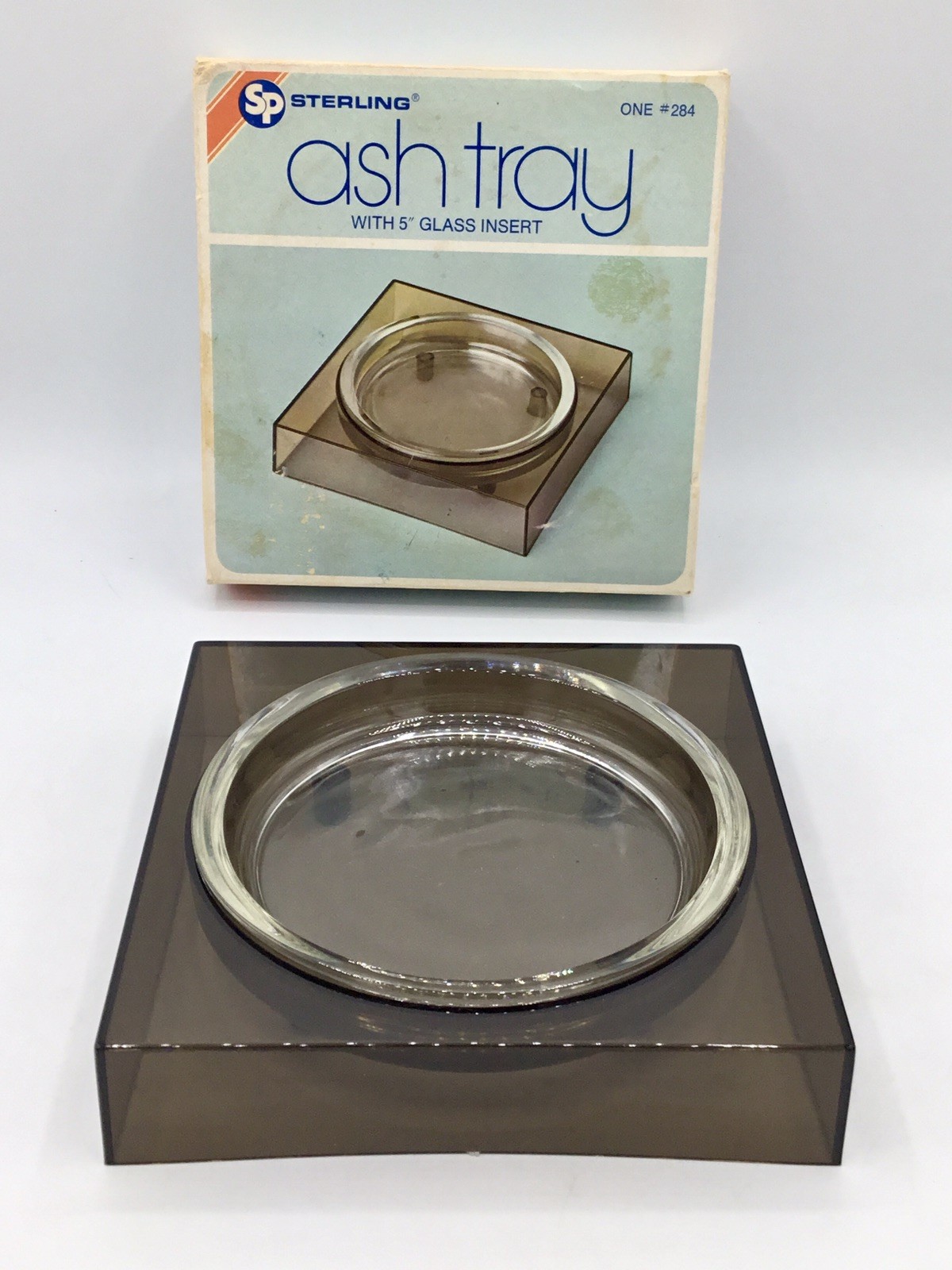 1975💥Retro Smoky Acrylic Desk/Office Ashtray w/Glass Insert-Sterling/Borden