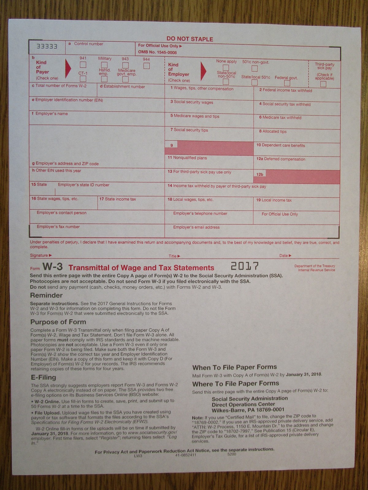 2017 IRS Tax Forms W-2 Wage Stmts LASER 4 employees +(1)W3 #TF5650 6-pt NO Env
