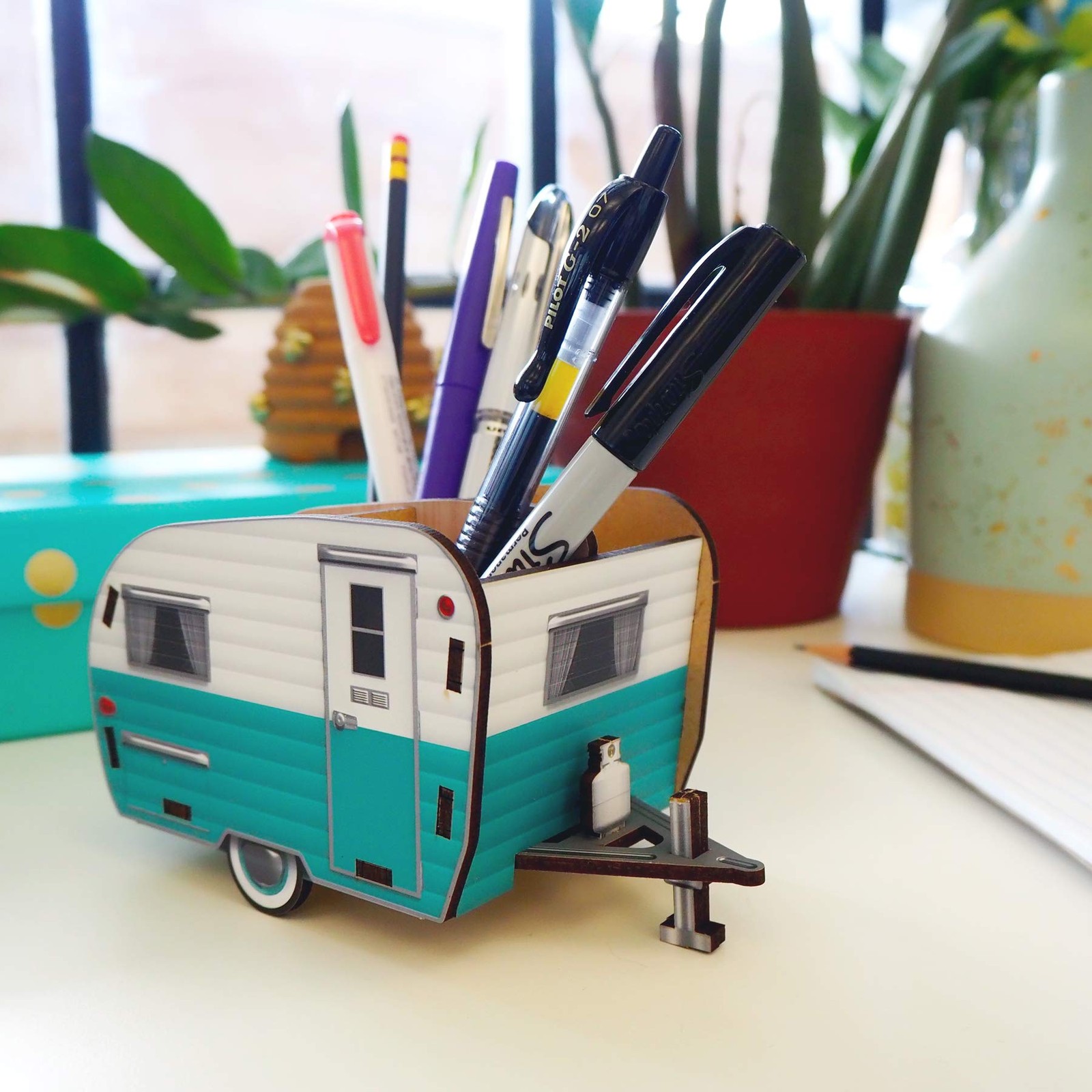 Genuine Fred Happy Camper Vintage Camper Pencil Holder, White And Blue