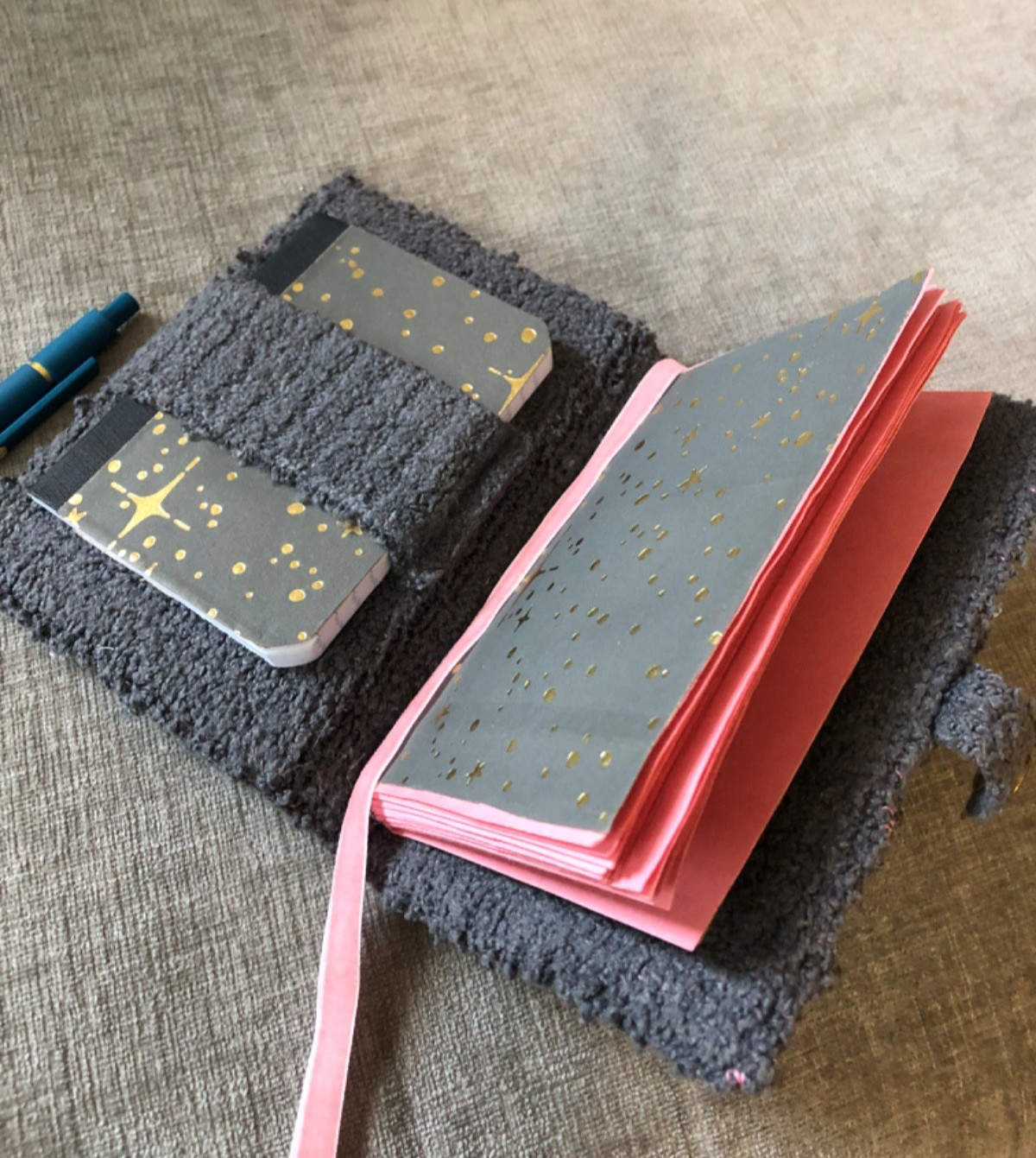 Handmade grey fabric and pink paper upcycled Junk Journal set by artfauna.art