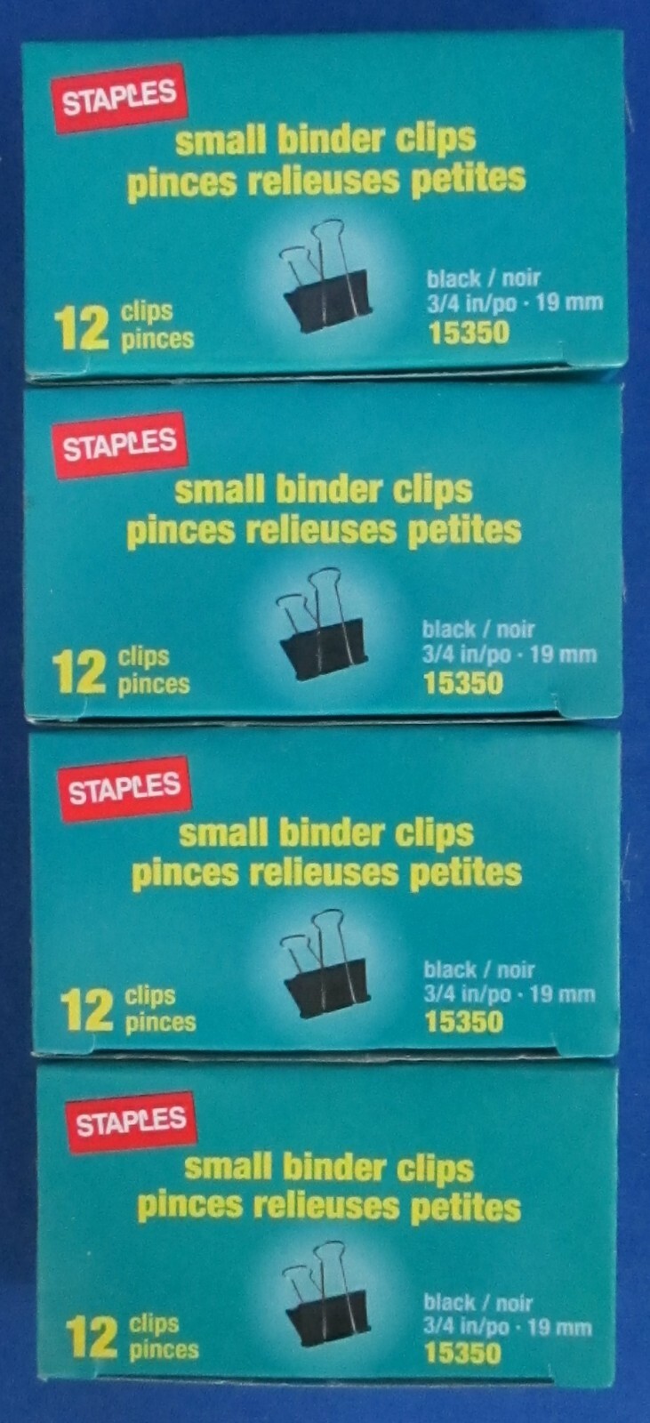 4 – Staples Small Binder Clips 15350 – 12/Box – 4 Boxes 3/4″ 19mm Tempered Steel