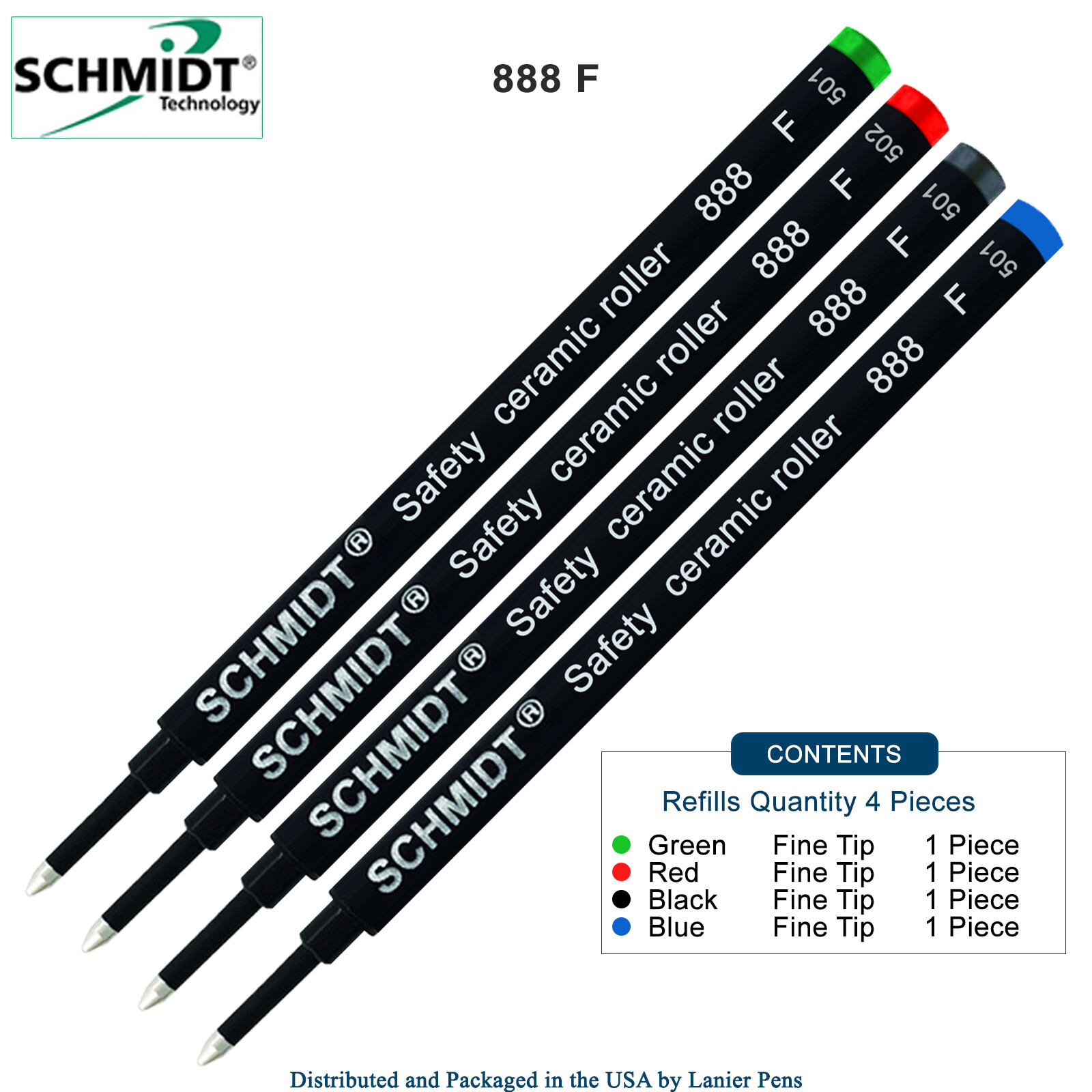 4X Schmidt 888 F Safety Ceramic Rollerball Refill Green/Red/Black/Blue Fine Tip