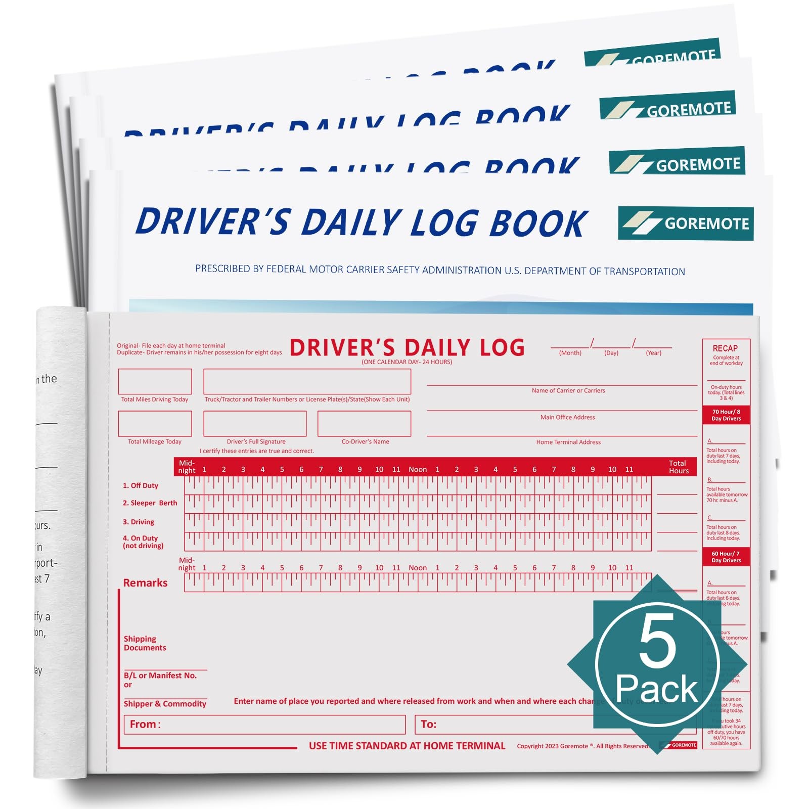 Daily Log Books for Truck Drivers with 7 & 8 Day Recap, 5 Pack, 2-Ply Carbonless