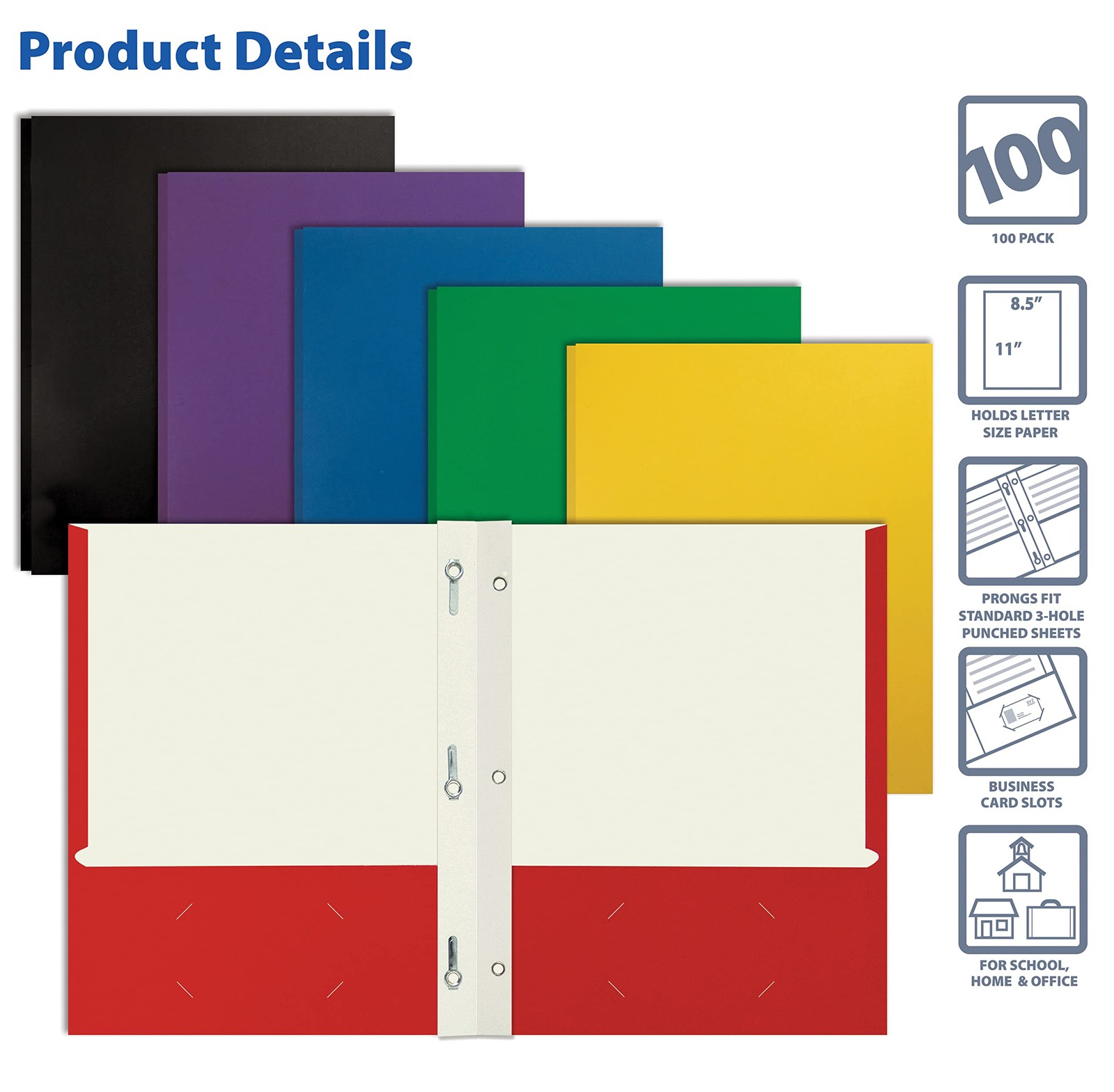 Better Office Products Letter 2 Pocket Paper Folders with fasteners, Assorted