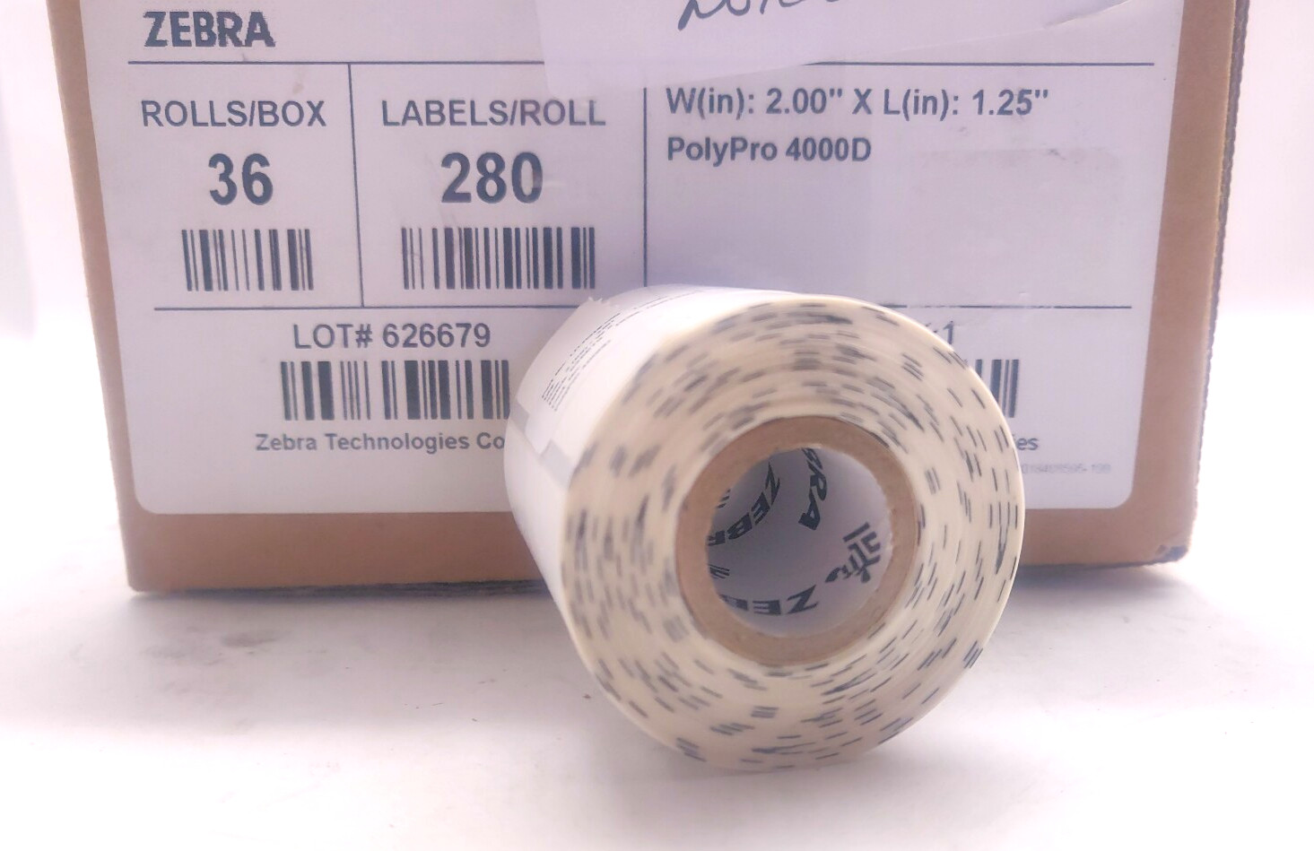 1 Box / 36 Rolls Zebra PolyPro 4000D 2″x1.25″ Thermal Labels (10,080 Labels)