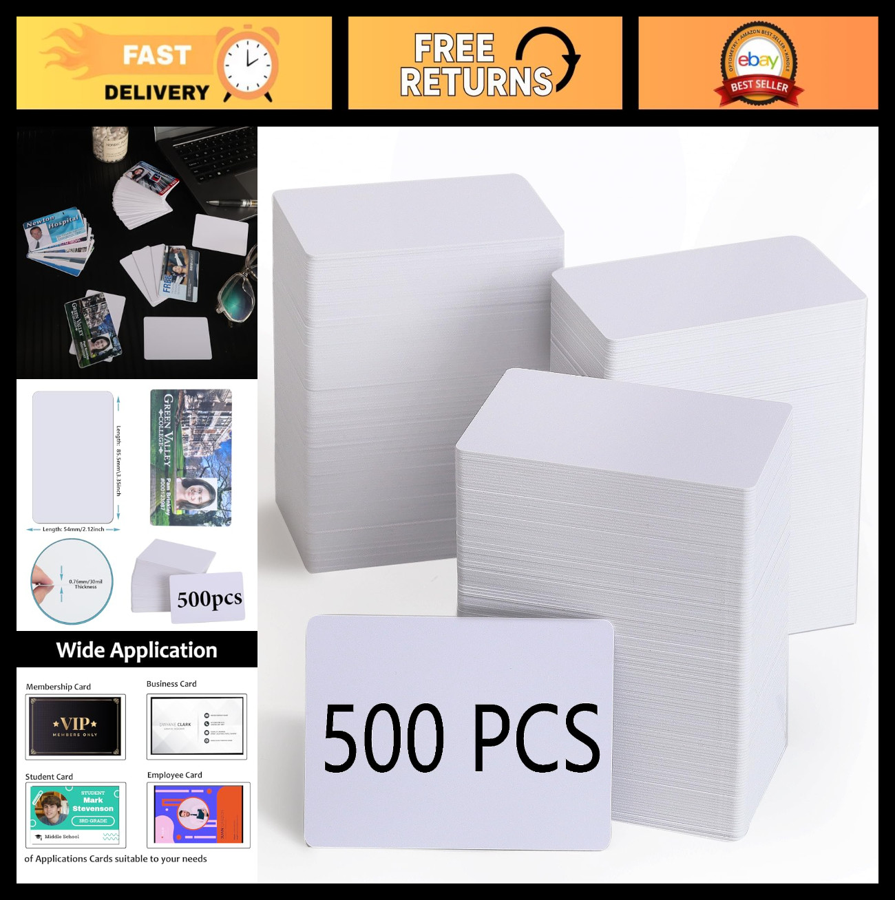 500 Pack Blank White PVC ID Cards – CR80 30 Mil Plastic Photo ID Badges, Compati
