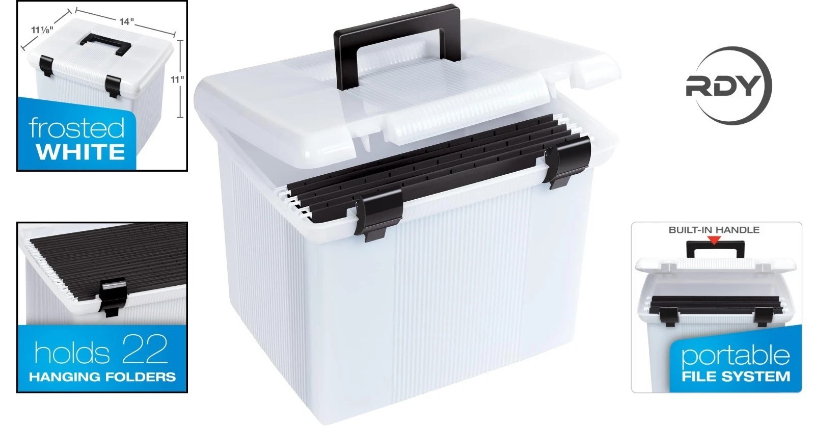 Compact Frosted White File Organizer with 3 Hanging Folders and Latch Closure