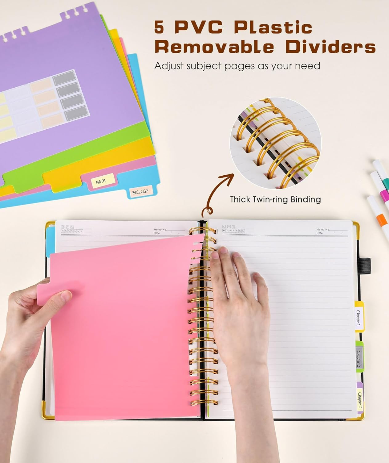 Hardcover Spiral Notebook Journal with Removable Dividers Tabs, 300 Pages Leathe