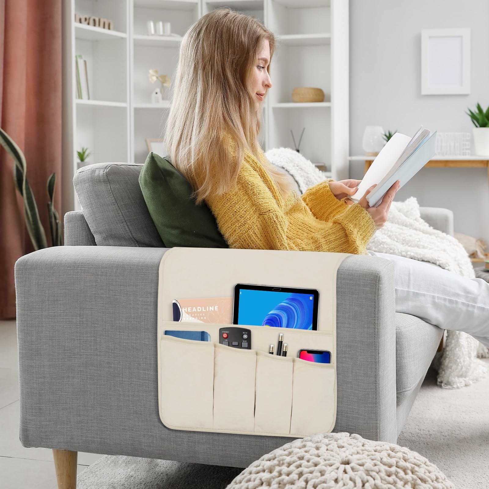 WETRBWEH TV Remote Control Holder Couch Caddy, Non-slip 35″x12.4″, Beige