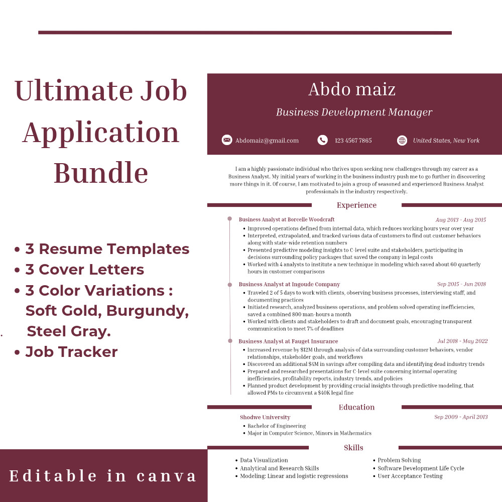 Professional 3 Resume Templates with Matching Cover Letters Bundle + Job Tracker