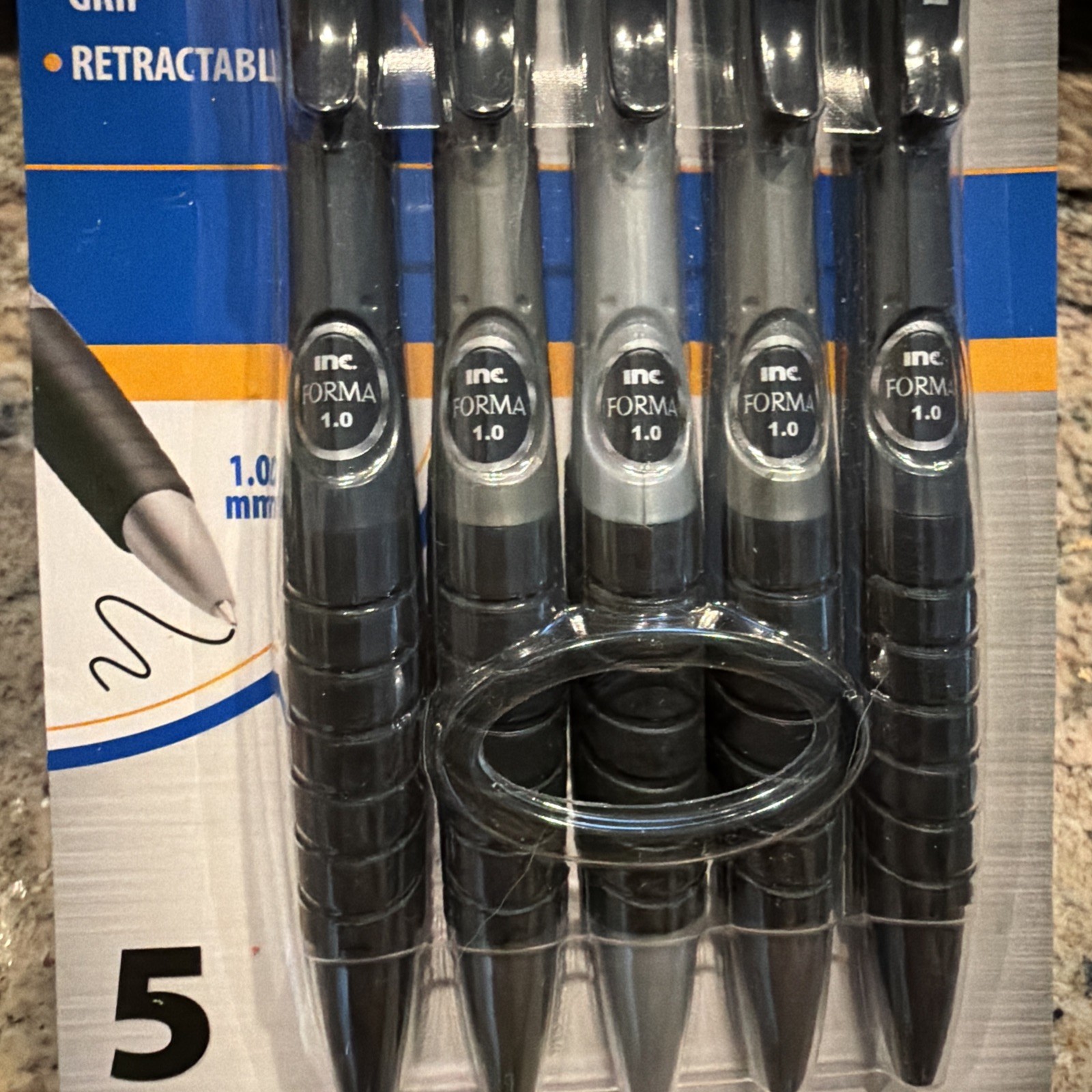 INC FORMA 5pk BLACK Ink Ball Point Pens Retractable 1.0 mm Comfort Grip Barrel