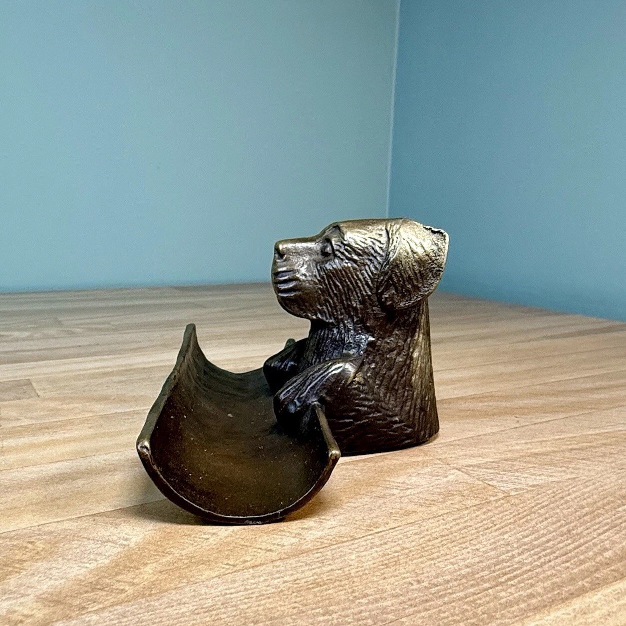 VTG Bronze Cast Metal Dog Puppy Office Desk Business Card Pen Holder 50s 60s 70s