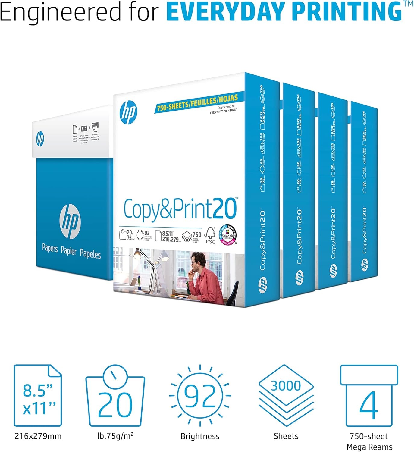 HP Printer Paper 8.5 X 11 Paper Copy &Print 20 Lb 4 Bulk Pack Case 3000 Sheets 9