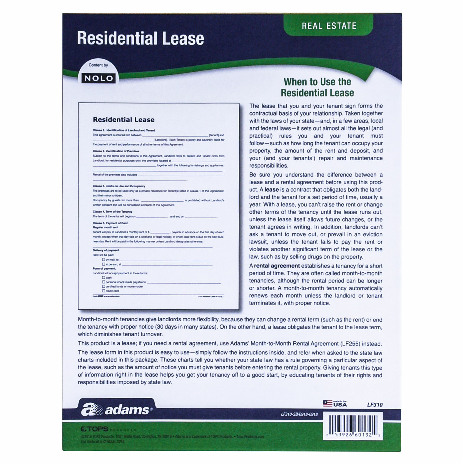 Adams LF310 Residential Rental Lease Agreement With Instructions