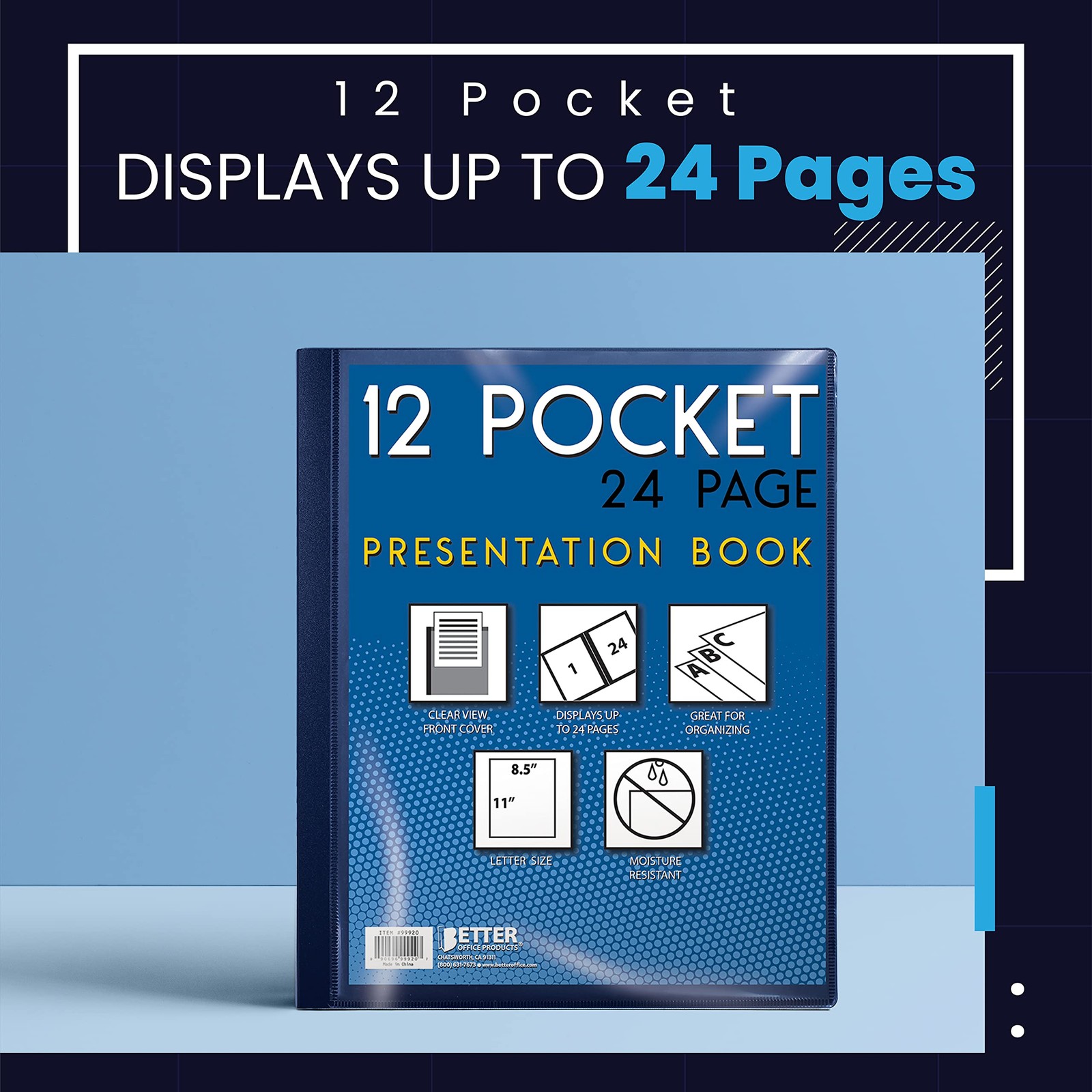 Better Office Products 12 Pocket Bound Presentation Book, Blue with