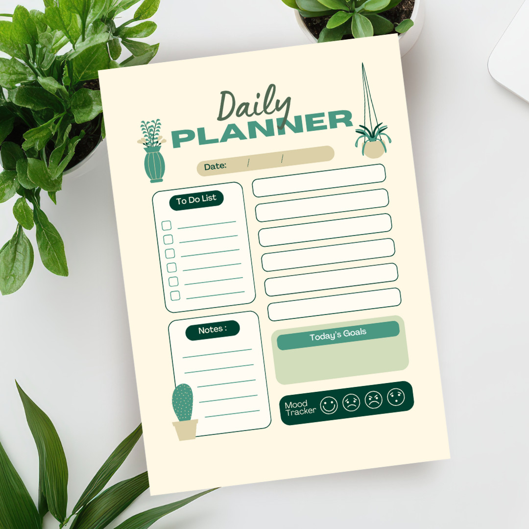 Botanical Daily Planner / Green & Beige Aesthetic / Undated Mood & Goal Tracker