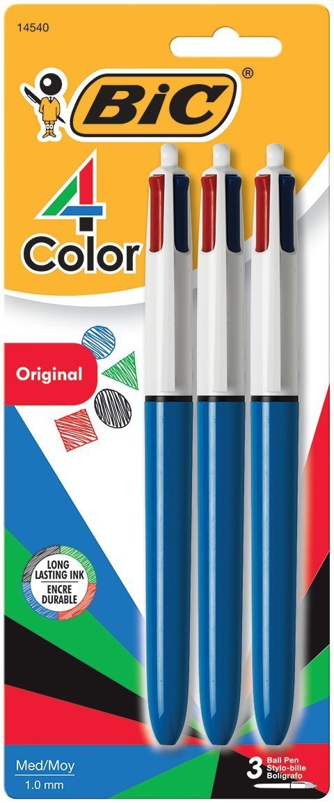 BIC 4-Color Ball Pen Medium Point 1.0mm Assorted Ink 3-Count Pack of 3 Green Red