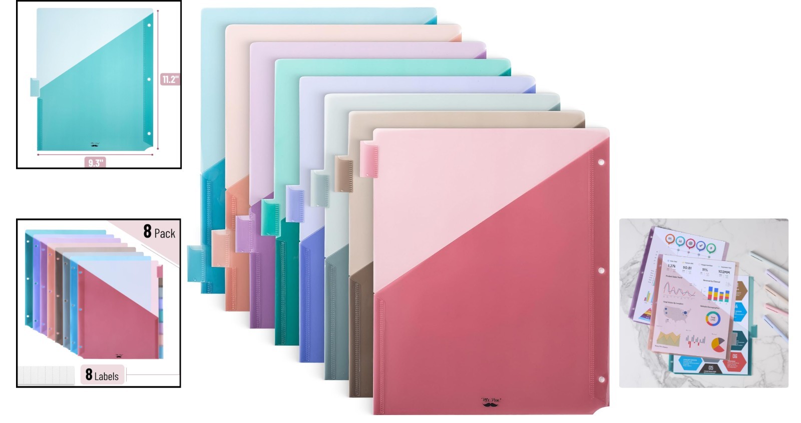 Durable 9.3×11.2 Inch Pocket Dividers with Tabs – 8 Colors for Seamless Sorting