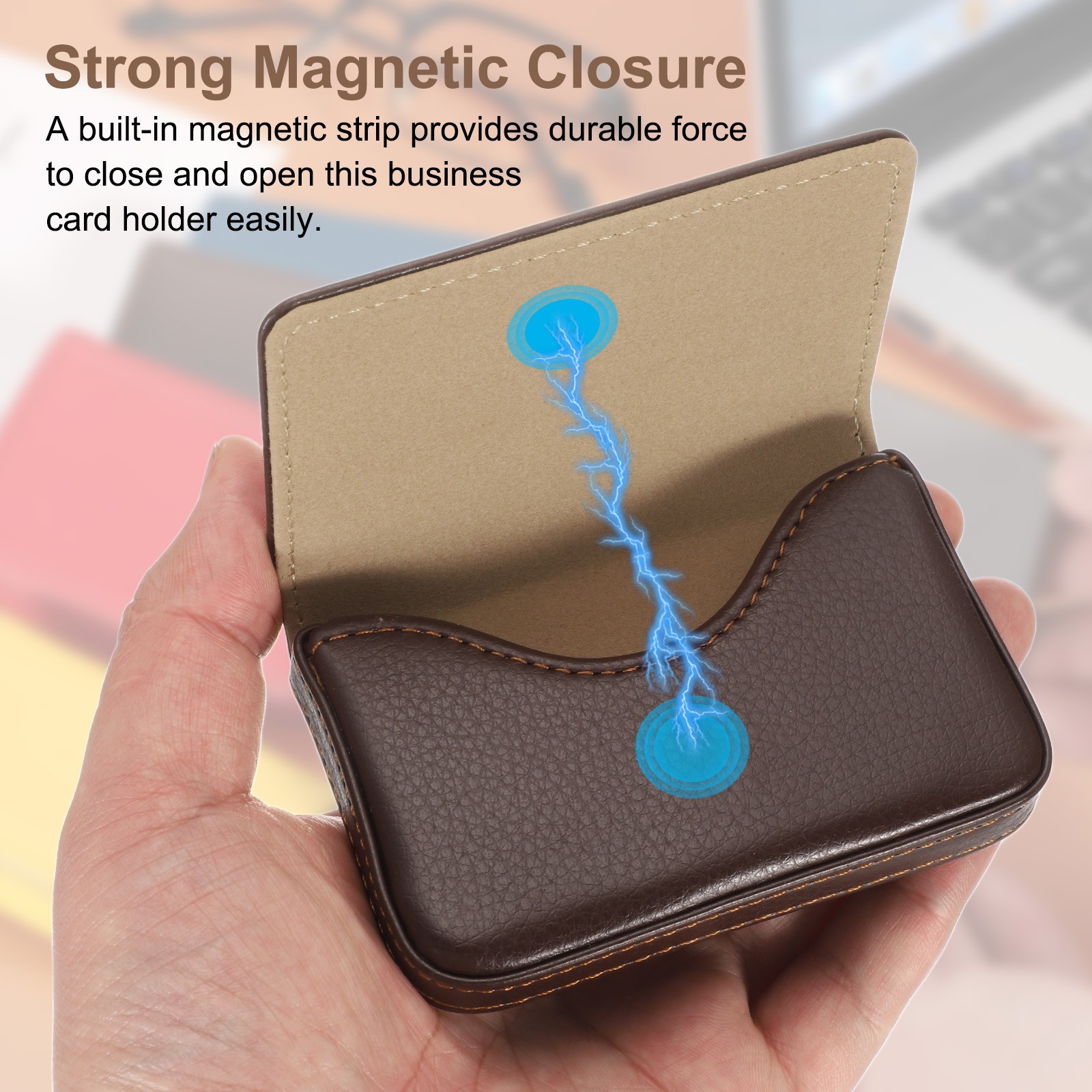 Business Card Holder PU Leather Business Card Case with Magnetic Dark Brown
