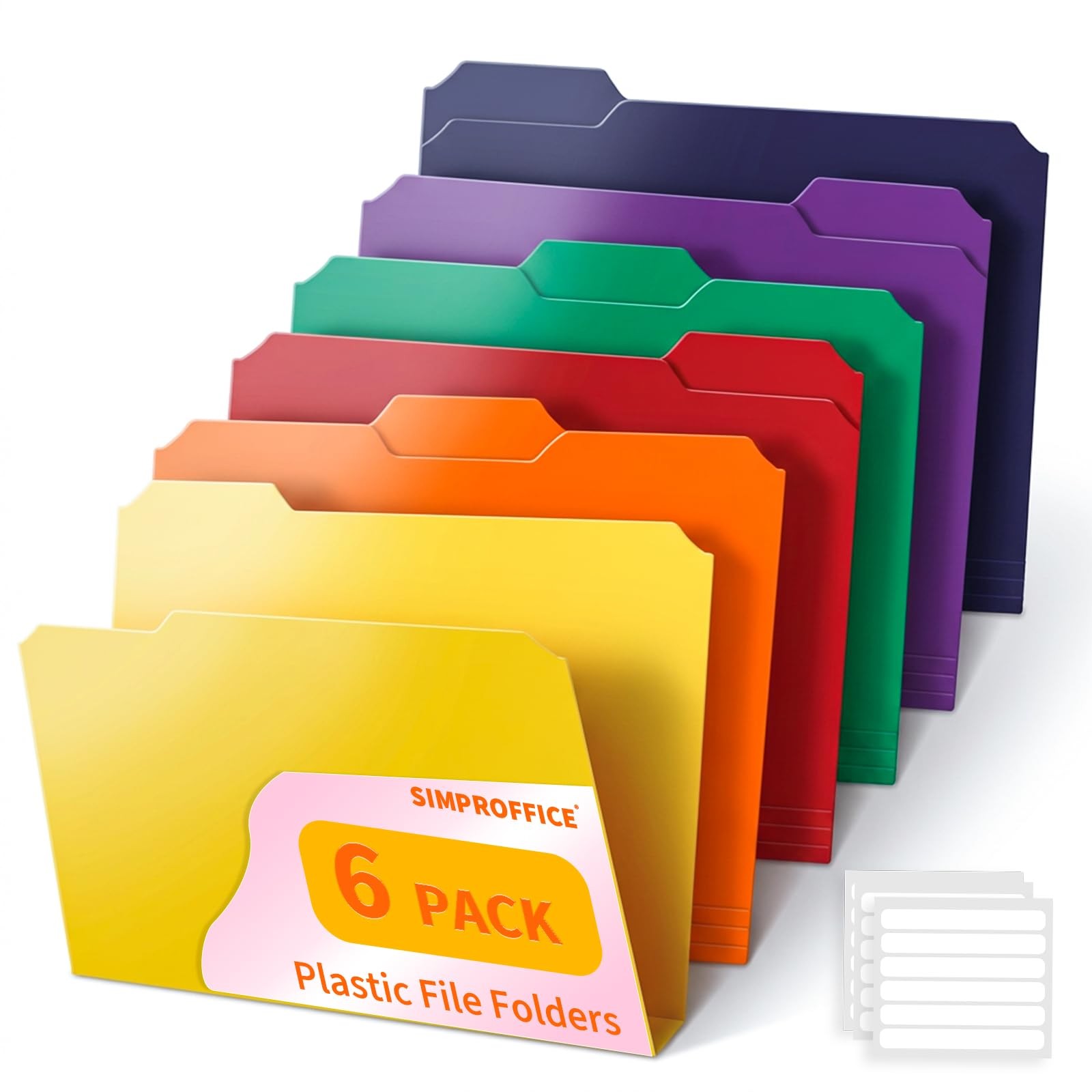 Plastic File Folders with Tabs, 6 Pack Colored Plastic Folders, 1/3 Cut Tabs
