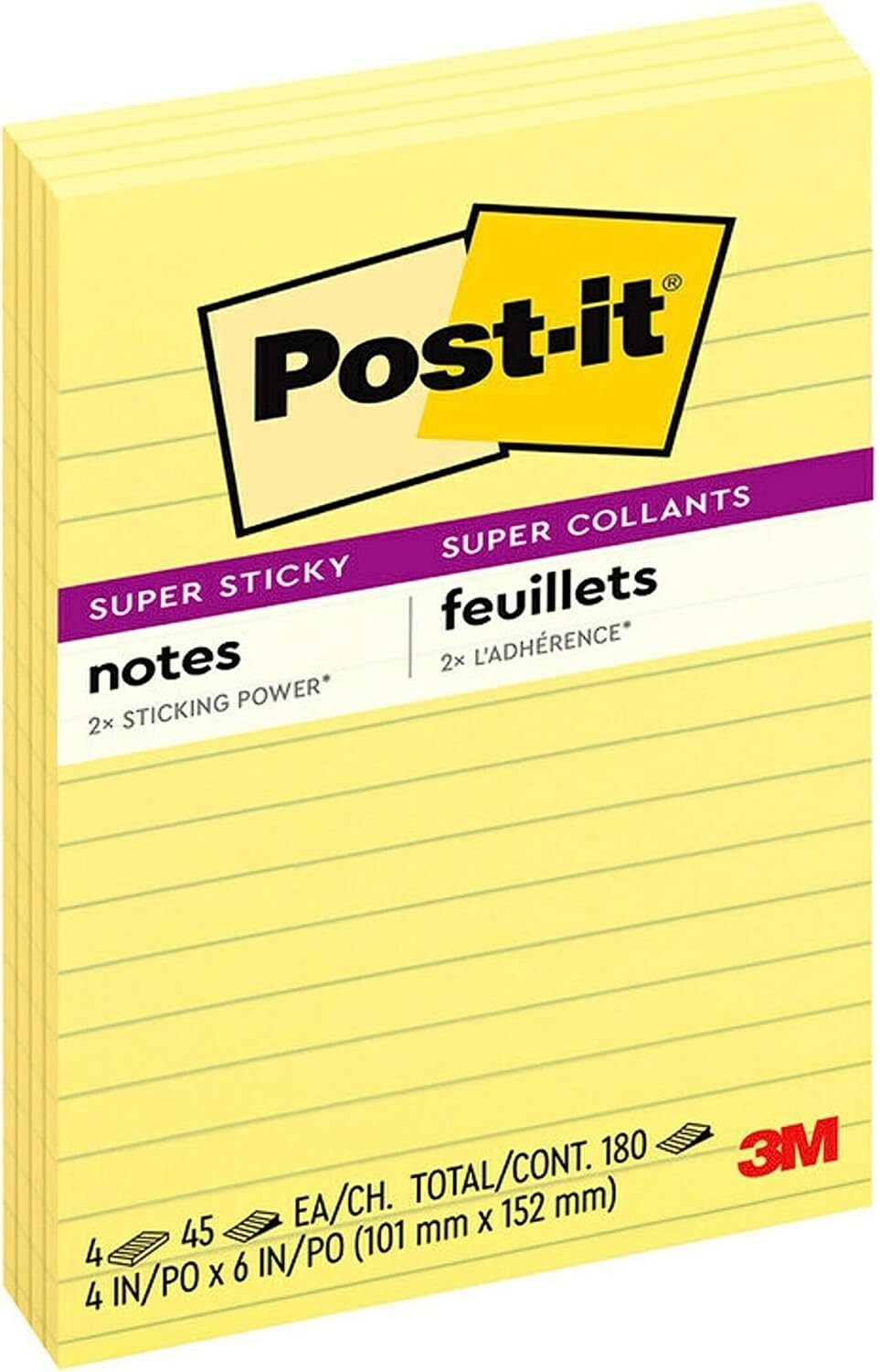 Post it Super Sticky Notes, 2x Sticking Power, 4 in x 6 in, Canary Yellow, 1 PK