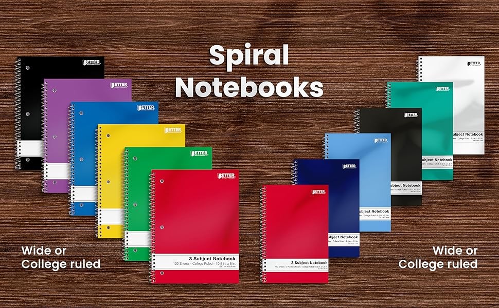 Better Office Products Spiral Notebooks 3-Subject, 6 Pack, College Rule, 120