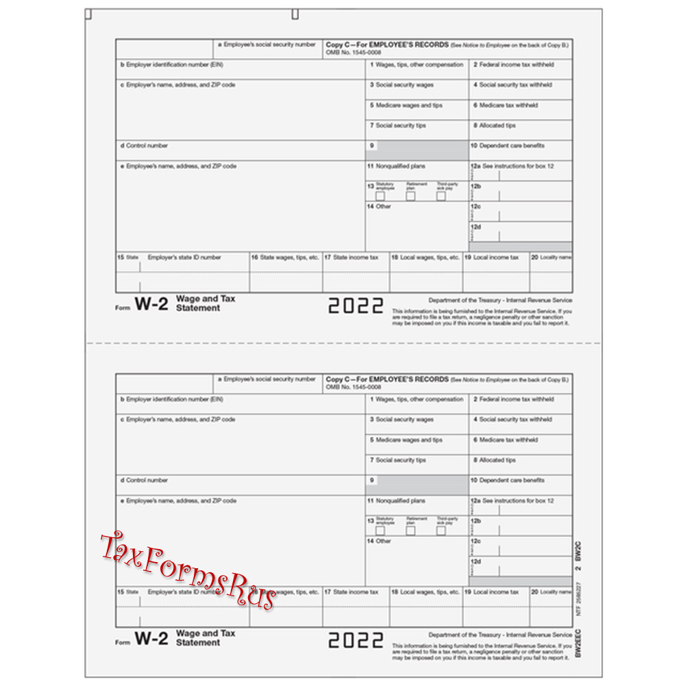 2022 IRS Tax Form W-2 Wage Stmts 10 employees LASER +(2)W3 #W2TRADS605 – NO Env