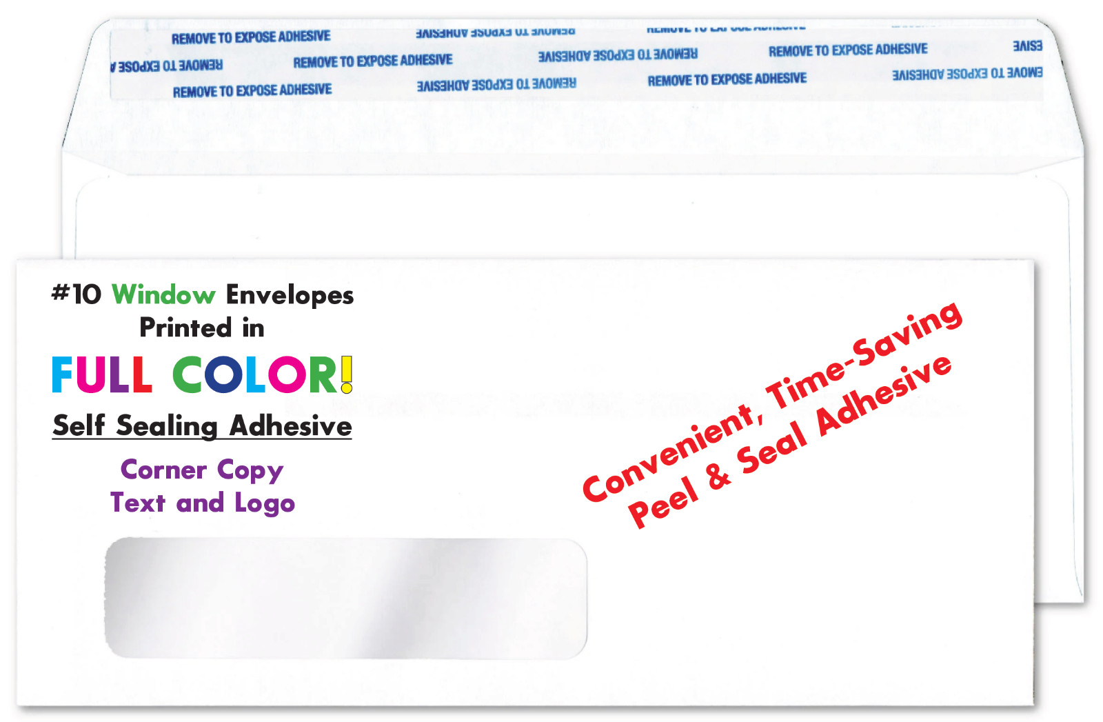 500 Printed Envelopes, Full Color Peel & Seal #10 Window Self Sticking Adhesive