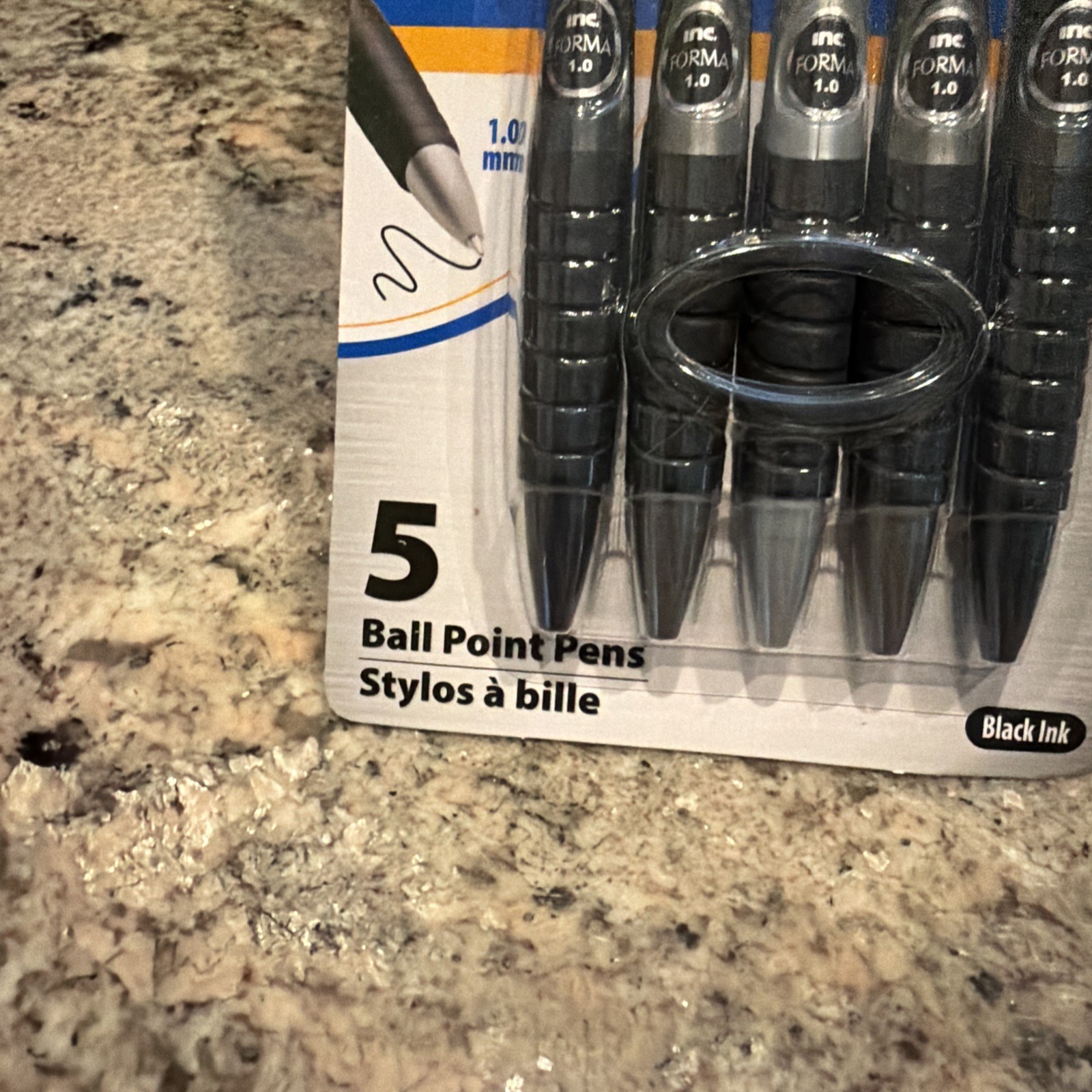 INC FORMA 5pk BLACK Ink Ball Point Pens Retractable 1.0 mm Comfort Grip Barrel