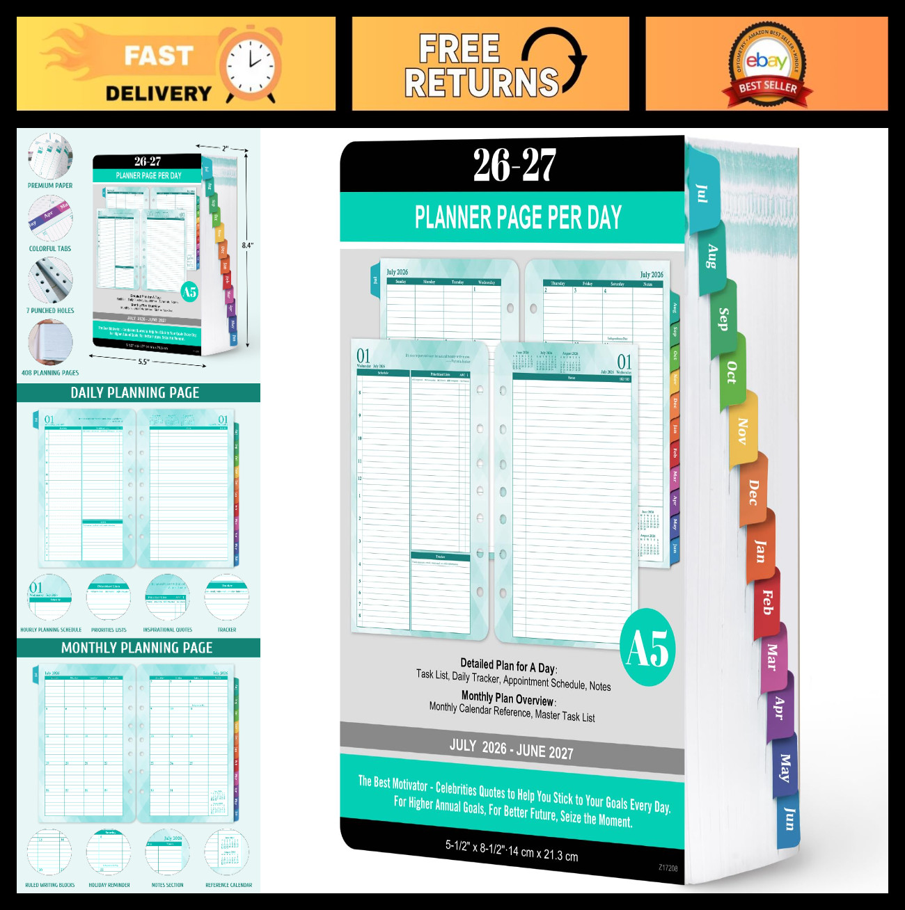 2026-2027 Planner Refills – Daily, Weekly, Monthly Inserts, 7 Holes, Colorful Ta