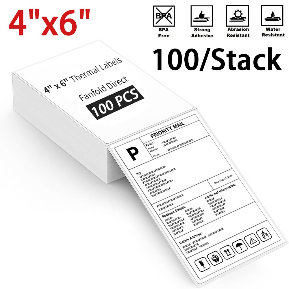 100/Stack 4×6 Fanfold Direct Thermal Shipping Labels for Zebra & Rollo Printers