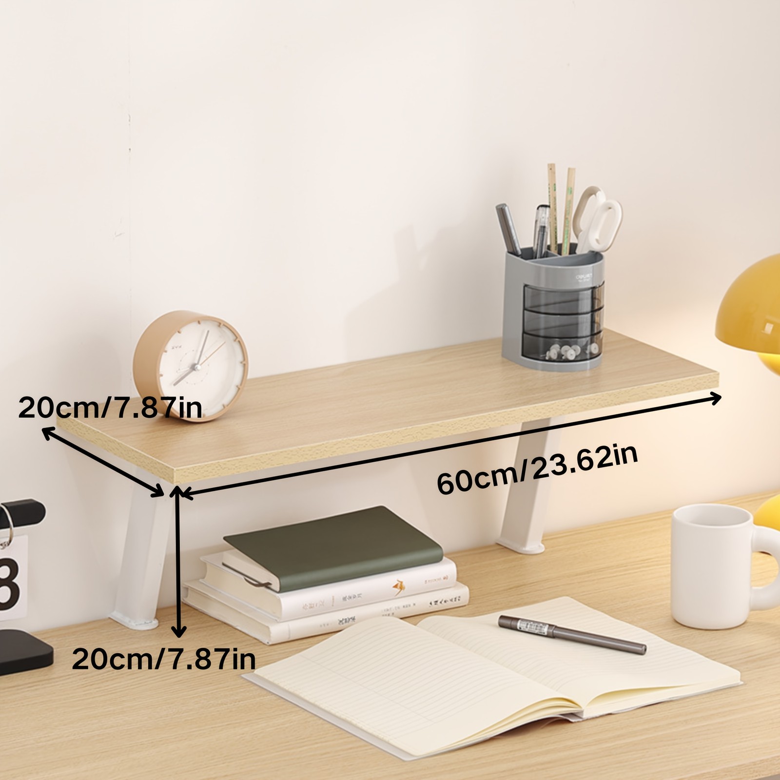 1pc White Wooden Floating Desk Shelf – Rectangular No-Drill Countertop Organizer