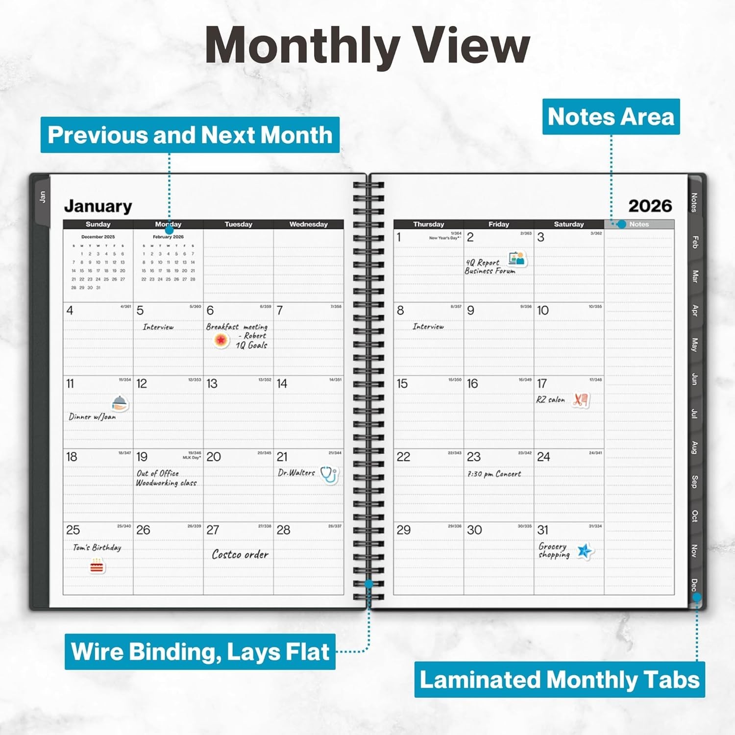 2026 Large Daily Planner with Paper, Laminated Tabs & Hourly Layout