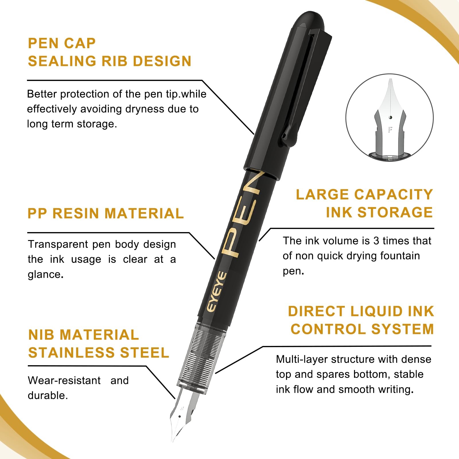EYEYE Disposable Fountain Pens, 8 Pack Black Fine 1 Count (Pack of 8),