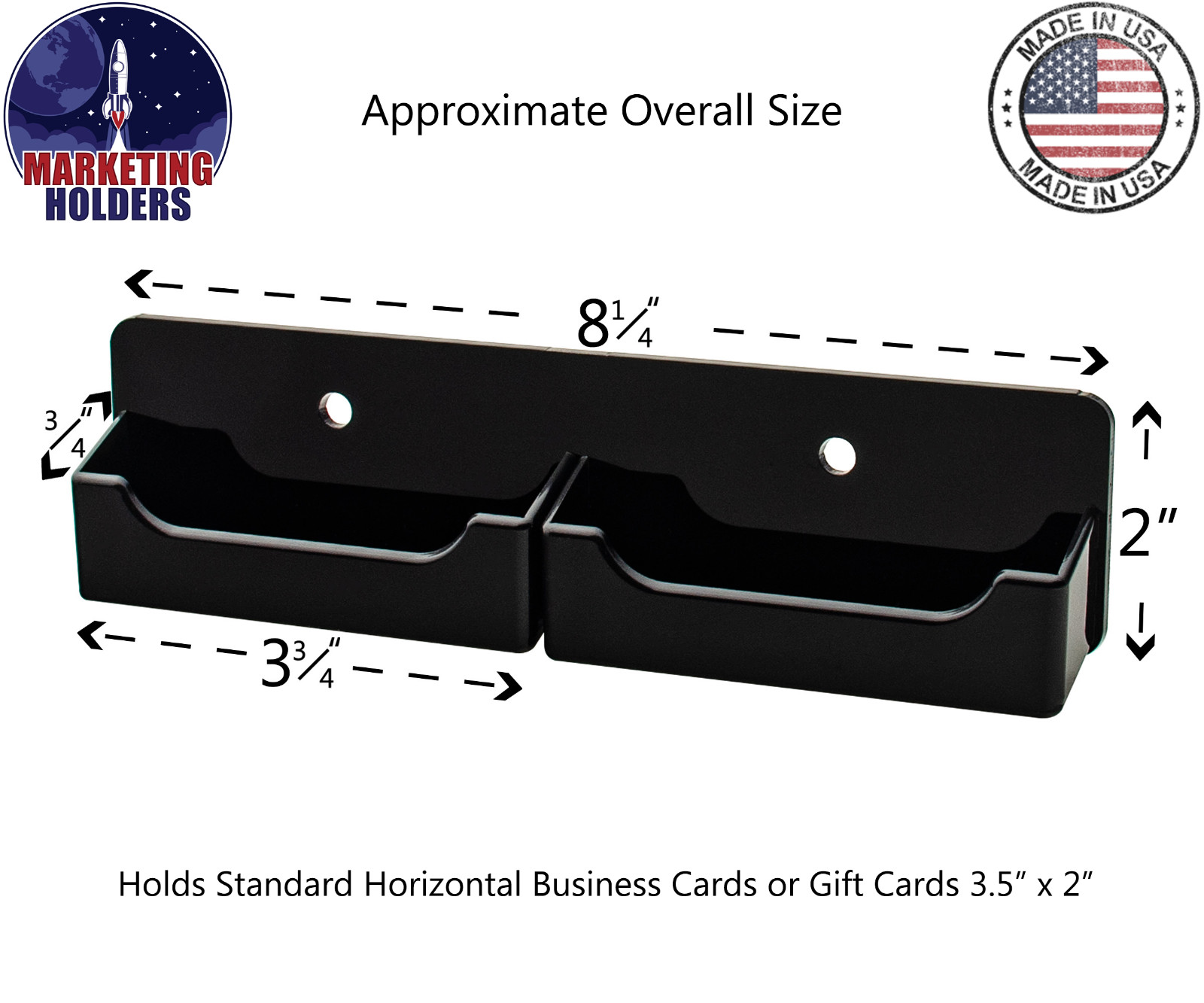 Black 2 Pocket Horizontal Business Card Holder Wall Mount Hanging Acrilyc