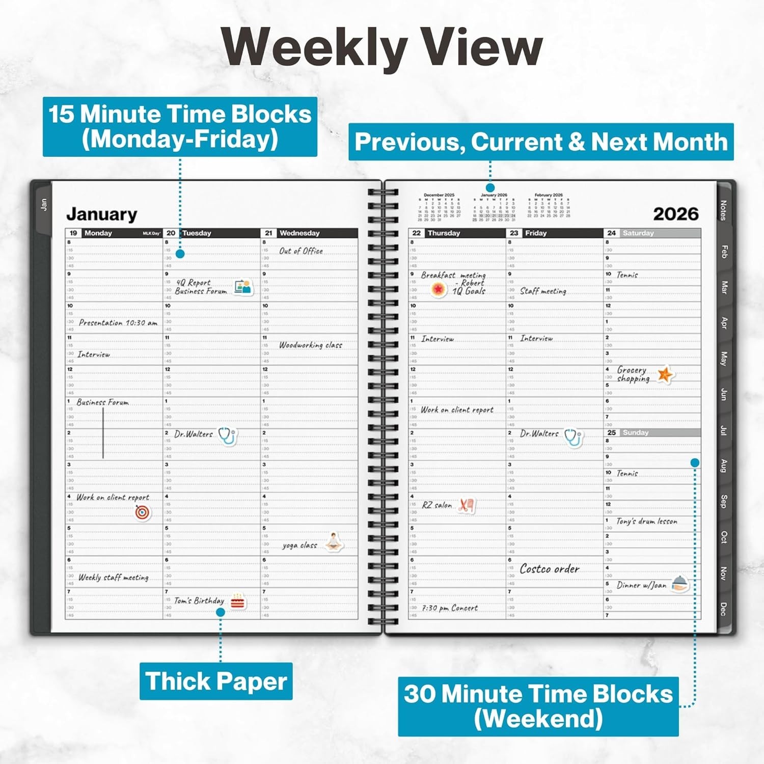 2026 Large Daily Planner with Paper, Laminated Tabs & Hourly Layout