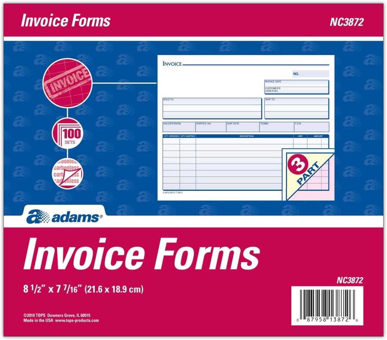 Invoice Unit Sets, 7.44 X 8.5 Inches, 3-Part, Carbonless, White/Canary/Pink, 100