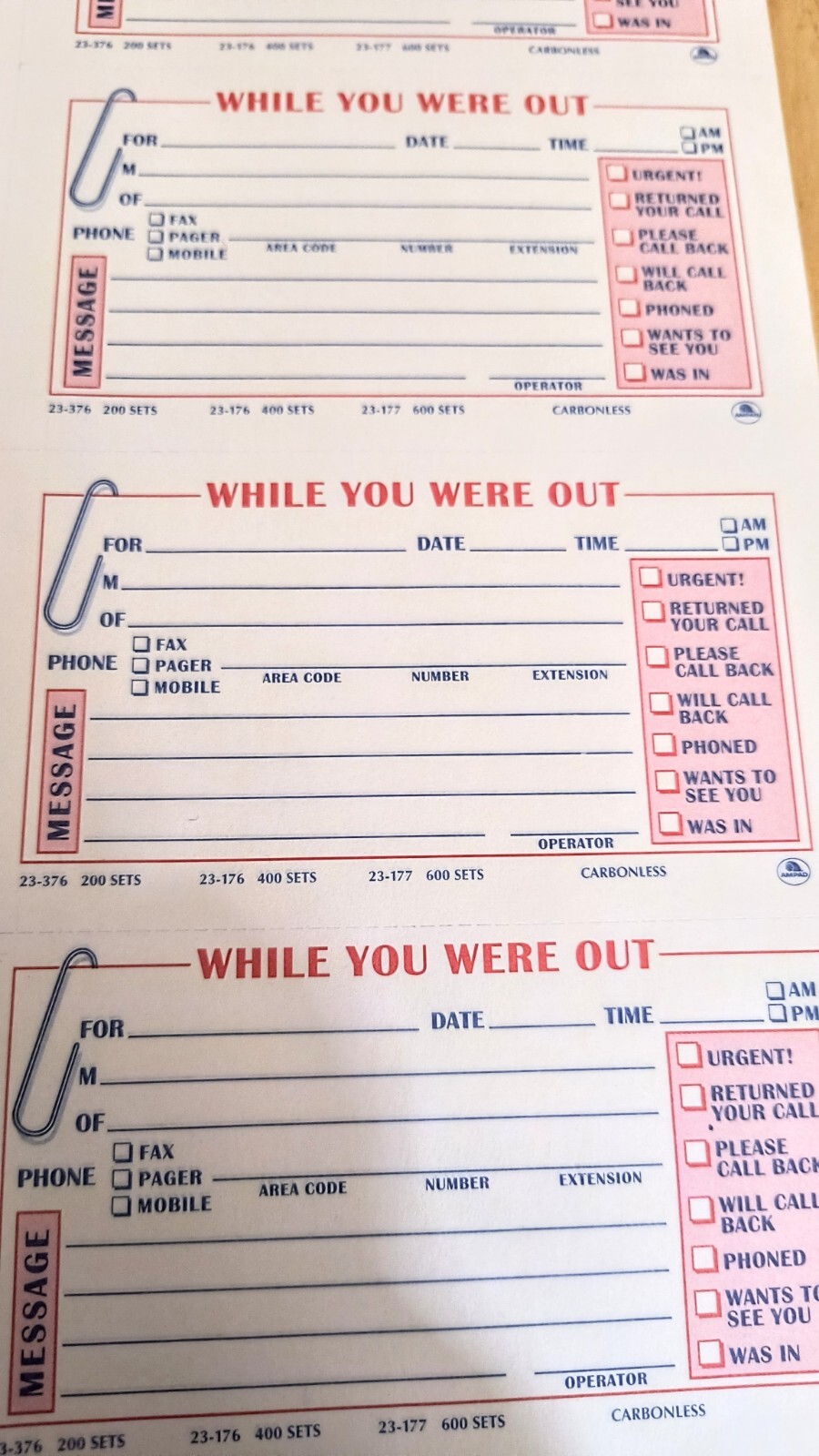 Ampad Duplicate 400 Message Book. Telephone Message Form, “While You Were Out”.