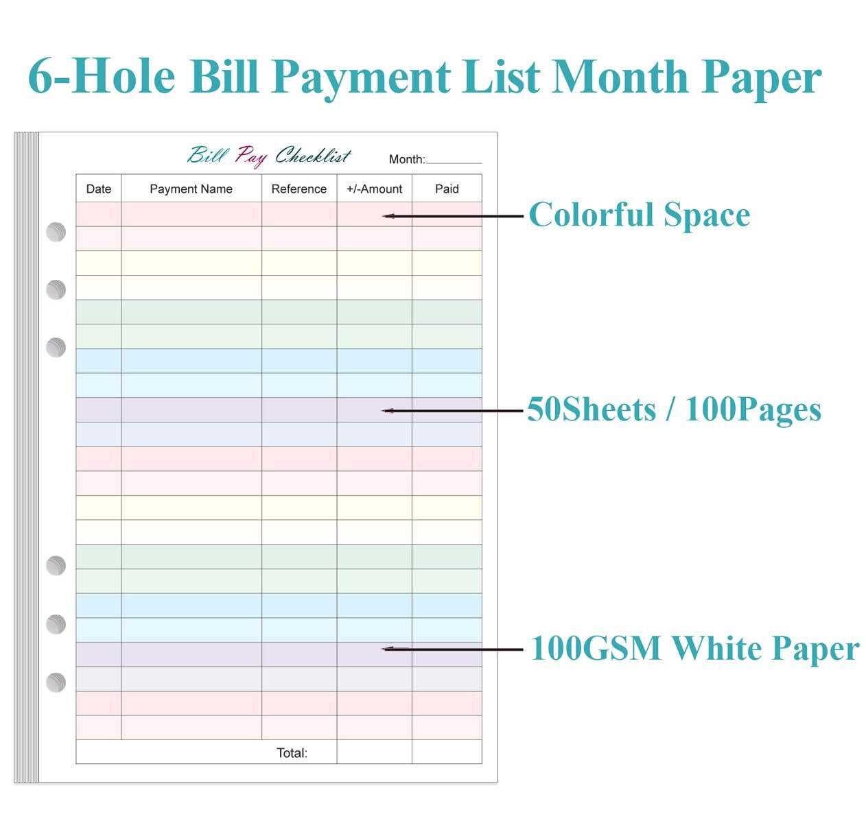Payment Checklist Refills – 50 Sheets/100 Pages Colorful Monthly Budget Forms…