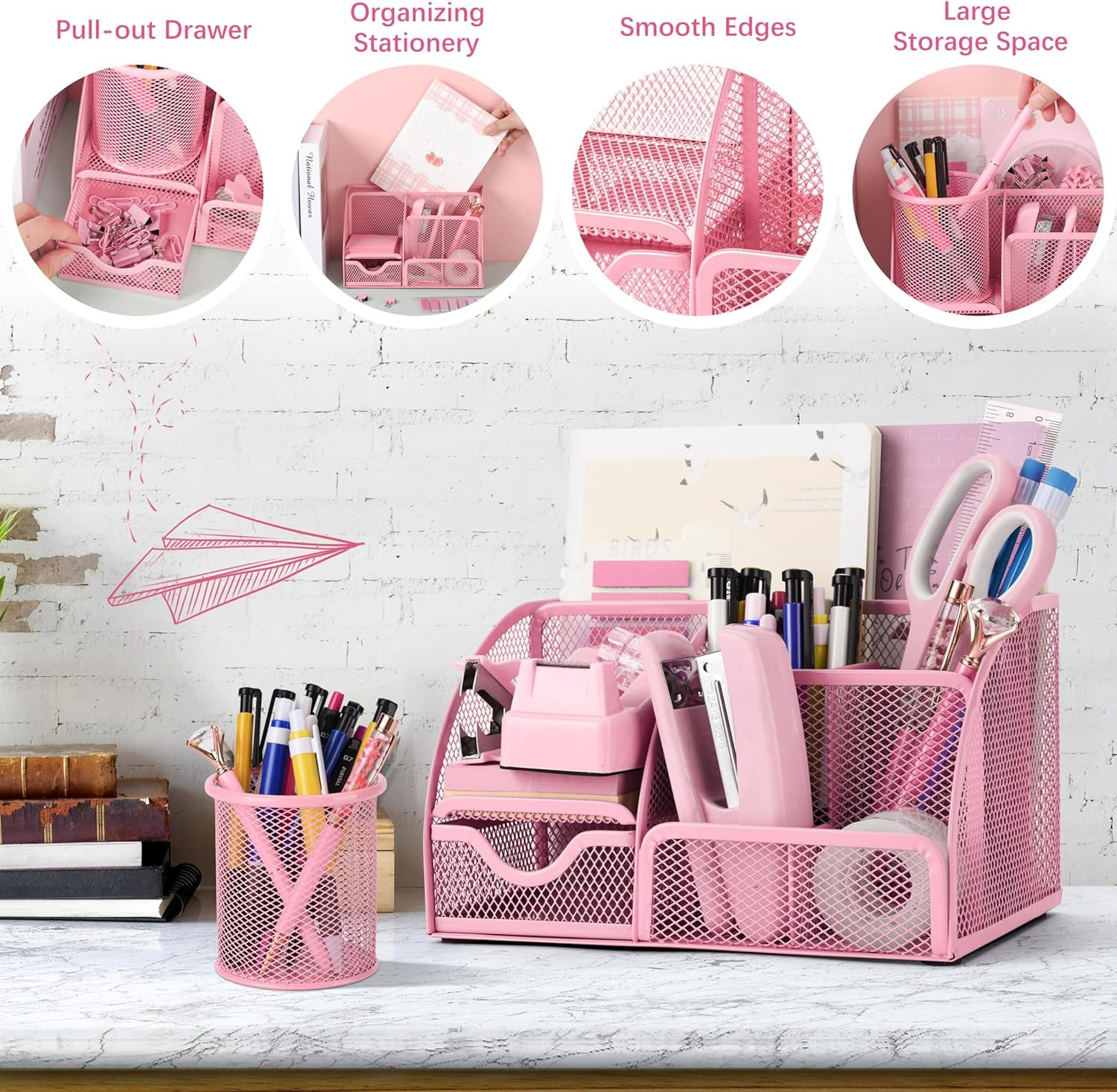 11 Pcs Pink Office Supplies Set Mesh Desk Organizer Accessories Kit Include Stap