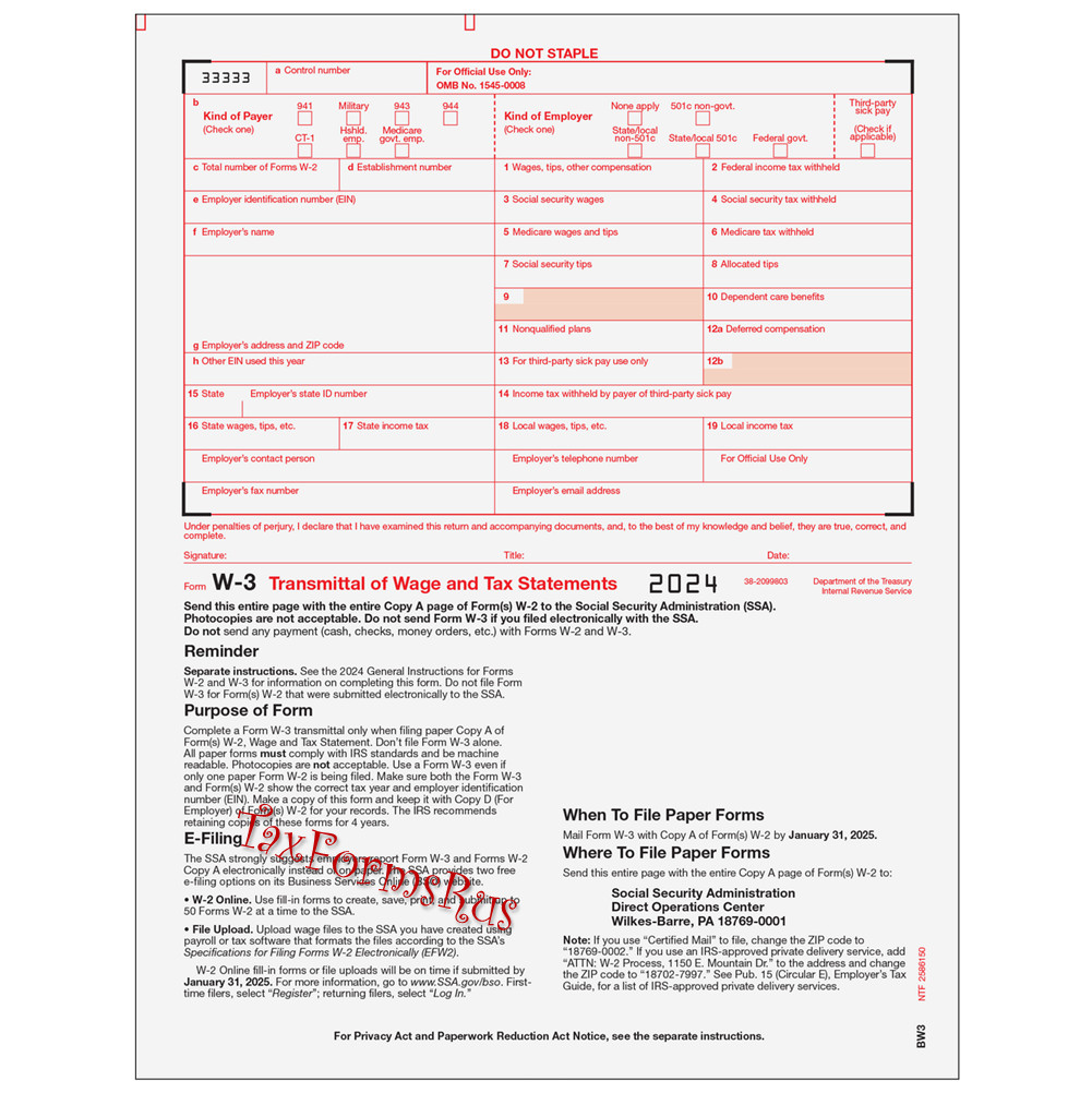 2024 IRS Tax Form W-2 Wage Stmts 10 employees LASER +(2)W3 #W2TRADS605 – NO Env