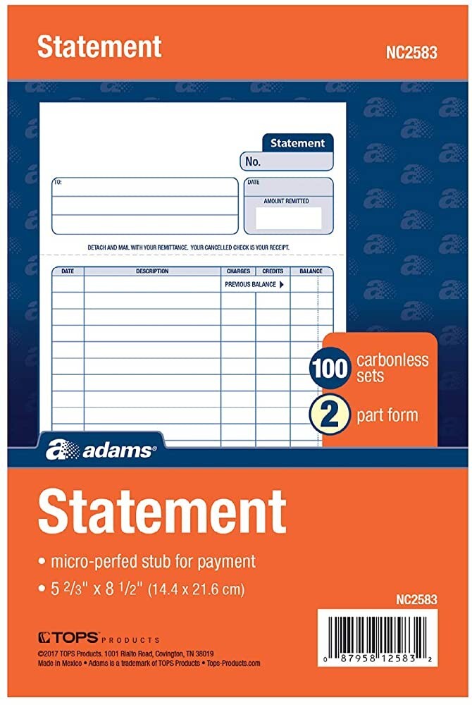Adams NC2583 Statement, 100 Carbonless Sets, 2 Part Form, 5 2/3″ x 8 1/2″